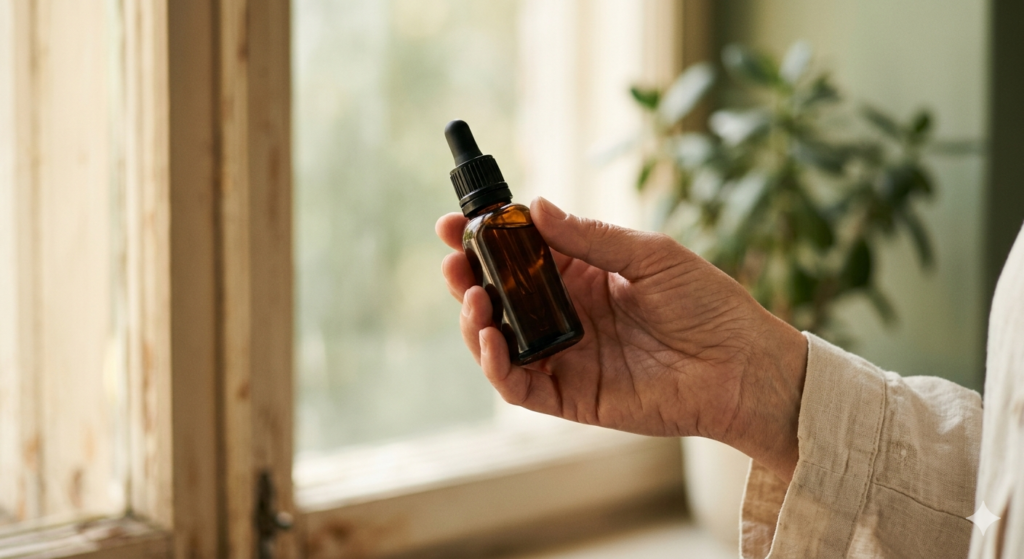 Bylinky na menopauzu: 7 prírodných sprievodkýň pre ženskú rovnováhu 15 Tinktúra v ruke pri okne